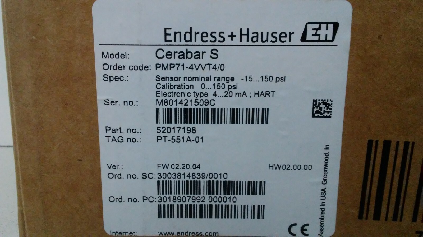 NEW IN BOX! ENDRESS+HAUSER CERABAR S PRESSURE TRANSMITTER 52017198