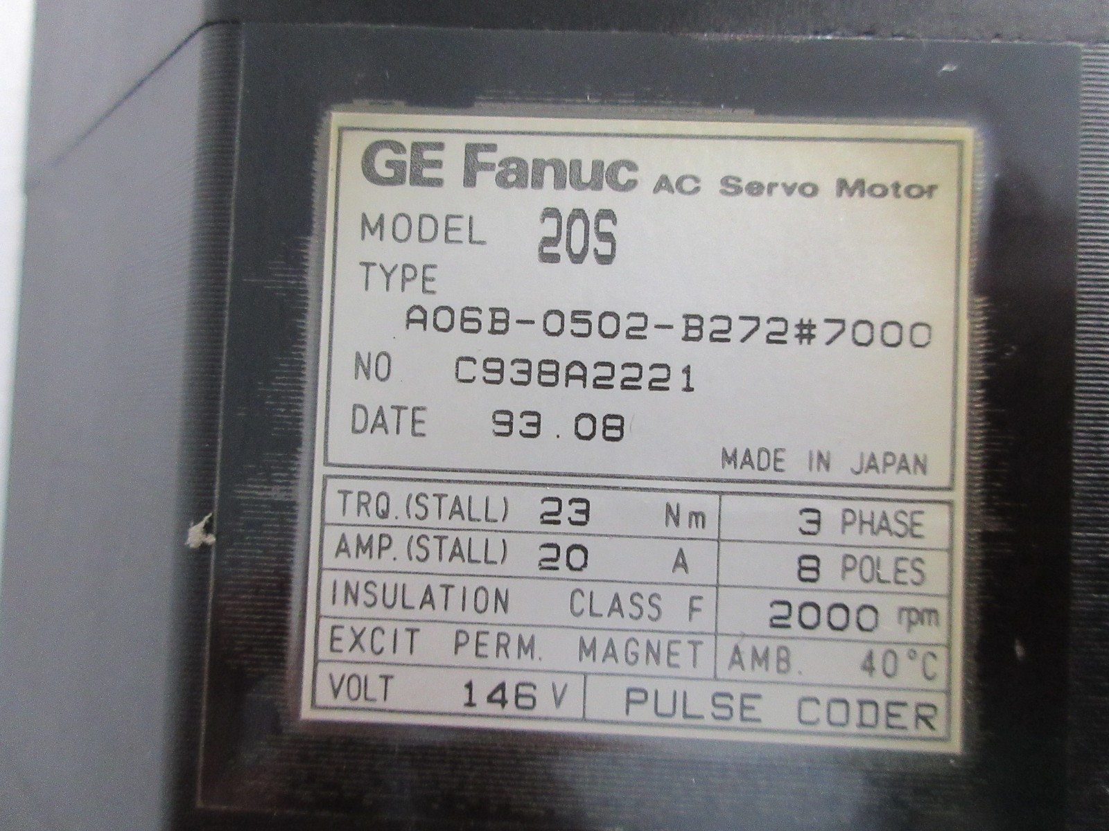 FANUC A06B-0502-B272#7000 USED MODEL 20S AC SERVO MOTOR A06B0502B2727000