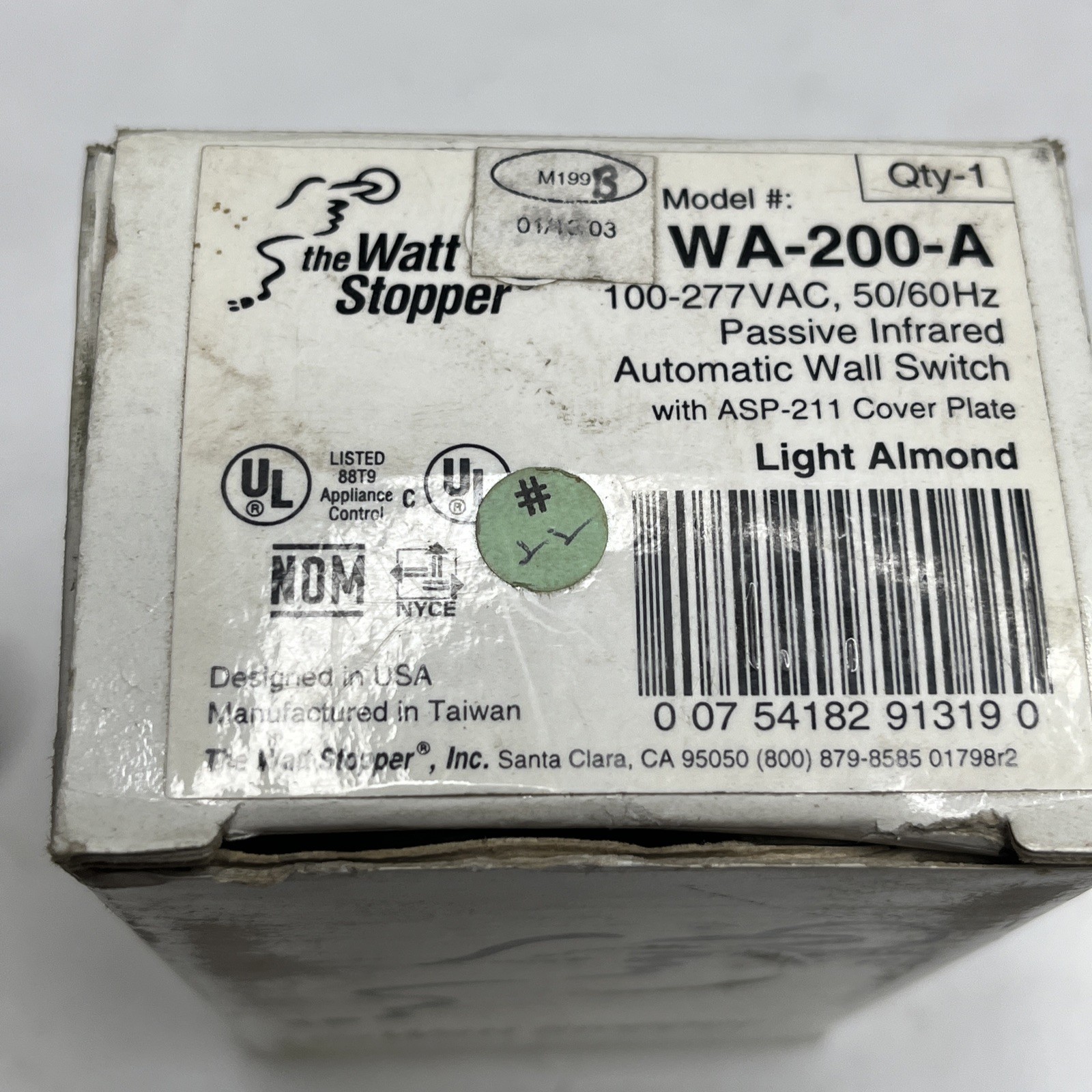 Watt Stopper WA-200-A Passive IR Automated Wall Switch 120-277 VAC 50/60 Hz