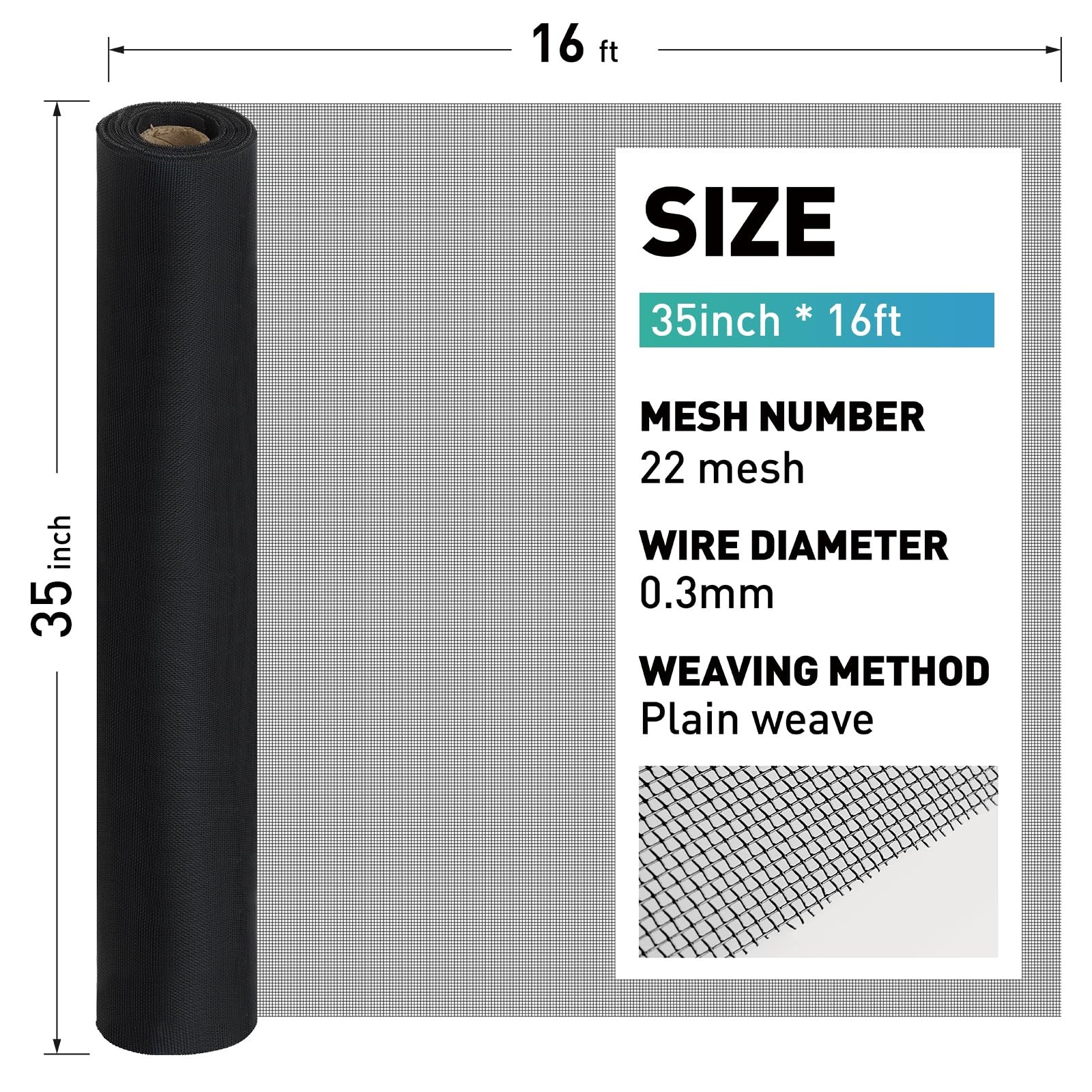 304 Stainless Steel Mesh Window Screen Roll,35IN 35IN x 16FT, Black