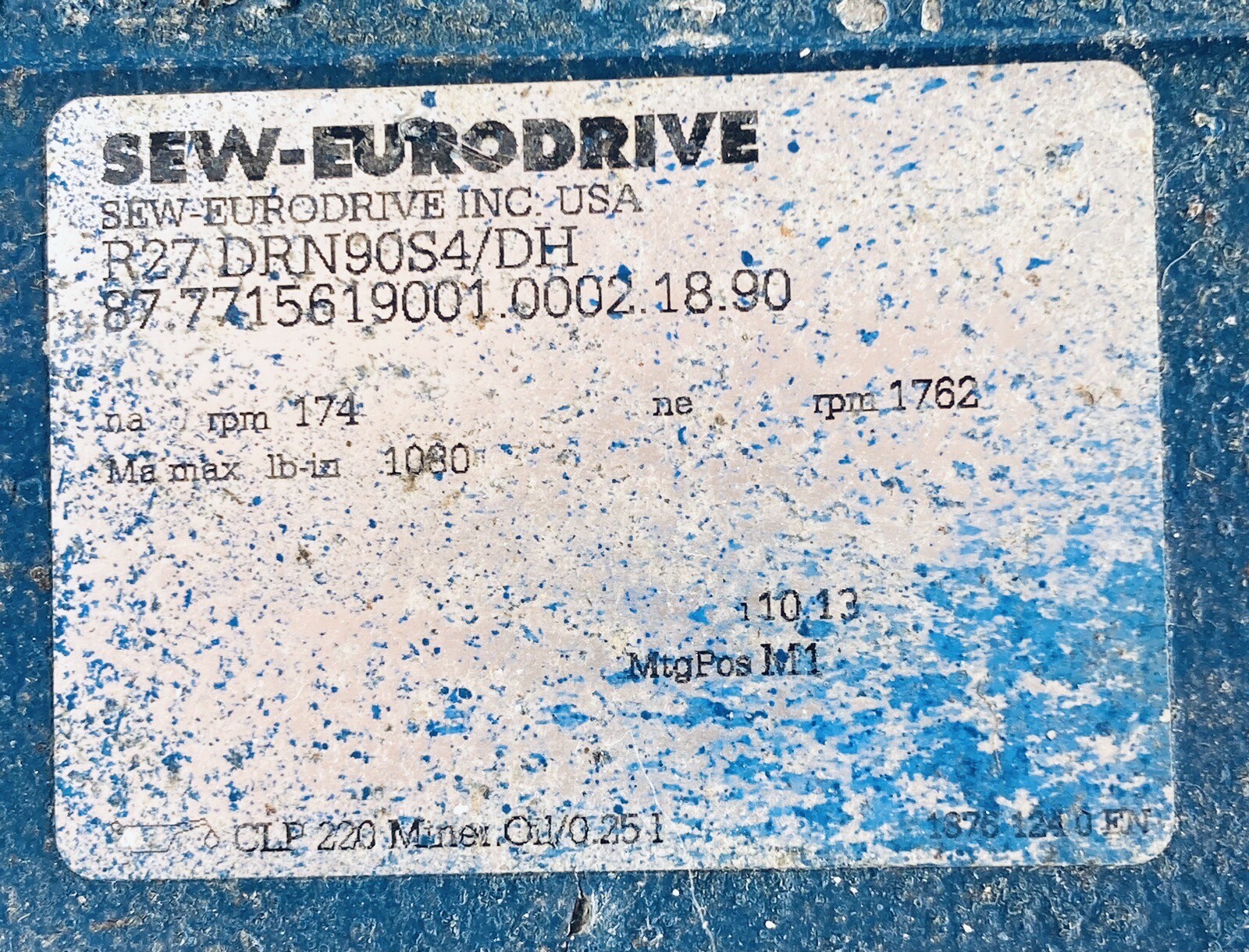 *PARTS SEW-EURODRIVE R27 DRN90S4/DH HELICAL GEARMOTOR 1762/174RPM 1.5HP 230/460V
