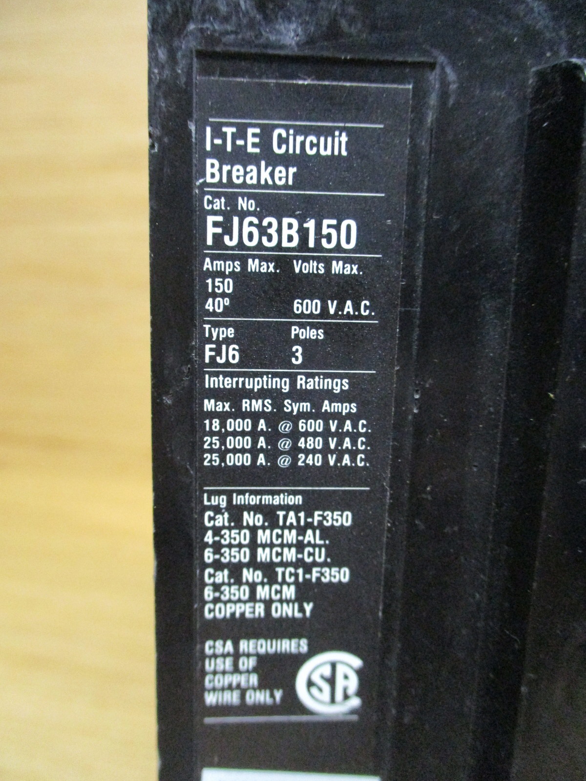 ITE FJ63B150 Siemens 150 AMP Circuit Breaker
