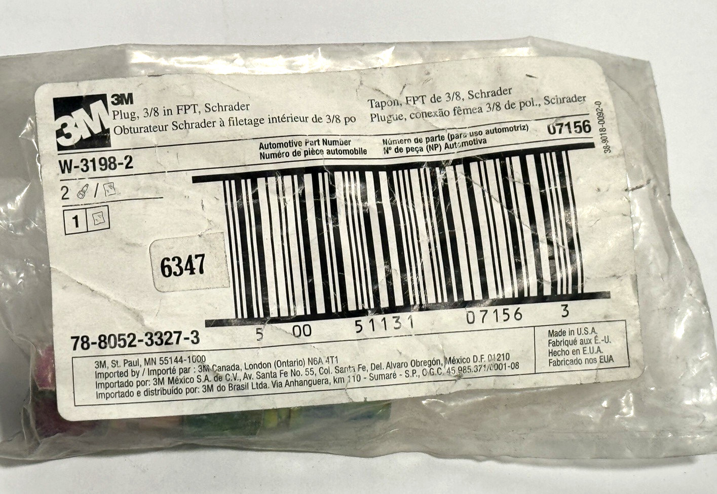 Qty 2, 3M Plug W-3198-2 / 07156 (AAD), 1/2″ Body Size, 3/8″ FPT, Schrader