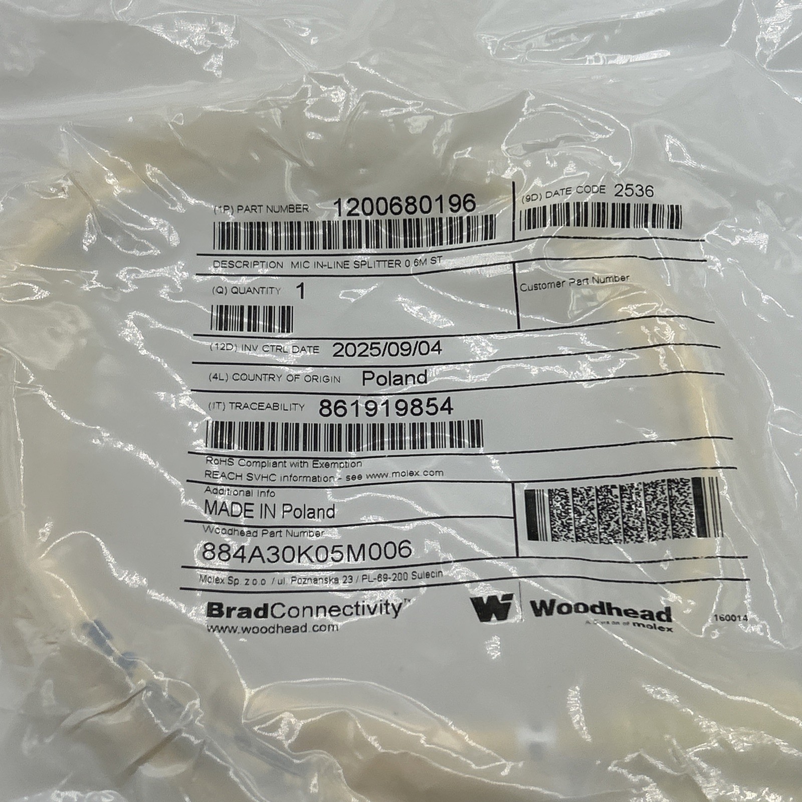 Lot Of 4 Brad Connectivity WOODHEAD 1200680196 MICRO-CHANGE IN-LINE SPLITTER