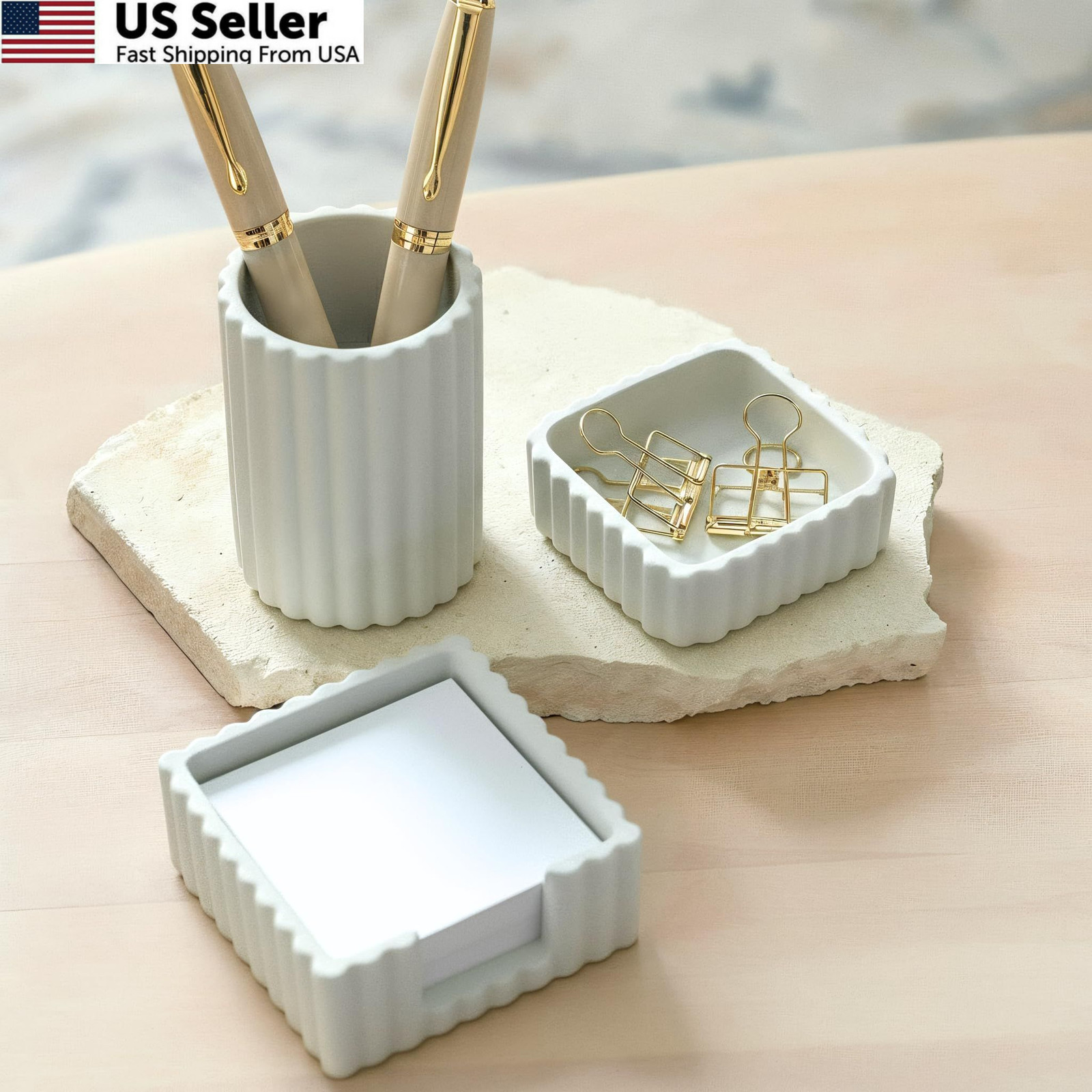 KIBAGA Modern Aesthetic Desk Accessories Set of 3 – Stylish Concrete Gray