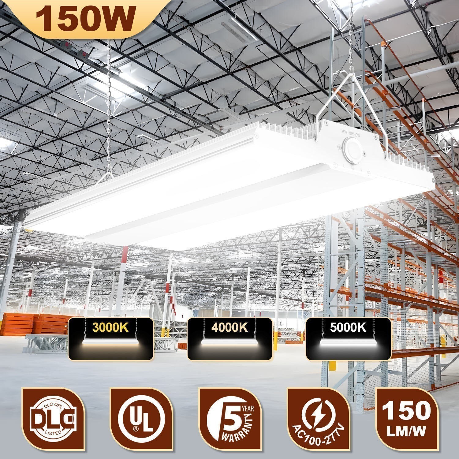 150W LED Linear High Bay Light Commercial Shop Fixtures 5700K-5000K Adjustable