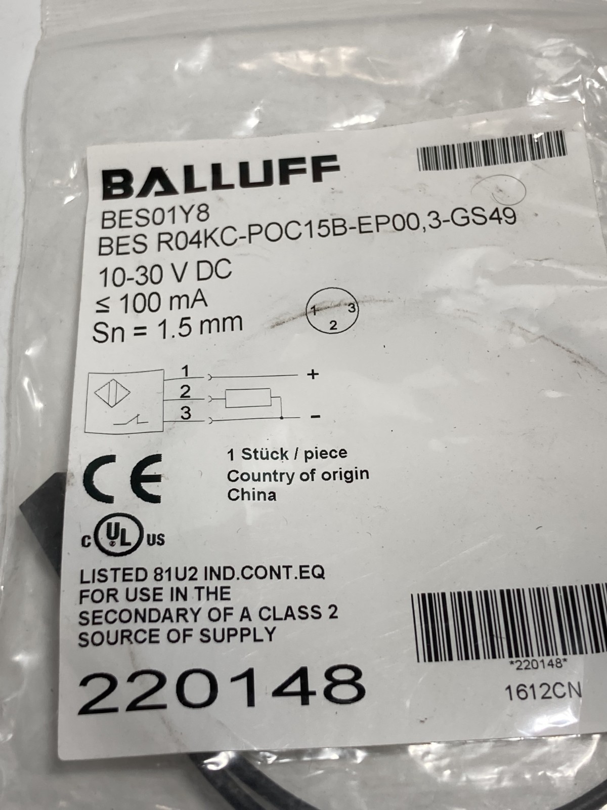 BALLUFF BES R04KC-POC15B-EP00,3-GS49 INDUCTIVE SEN 10-30VDC 100MA SN 1.5MM NIB