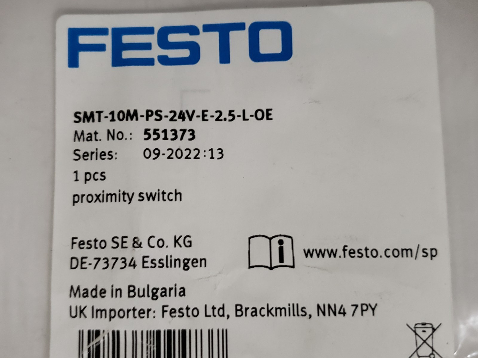 FESTO SMT-10M-PS-24V-E-2,5-L-OE PROXIMITY SWITCH PNP N.O. 3 WIRE