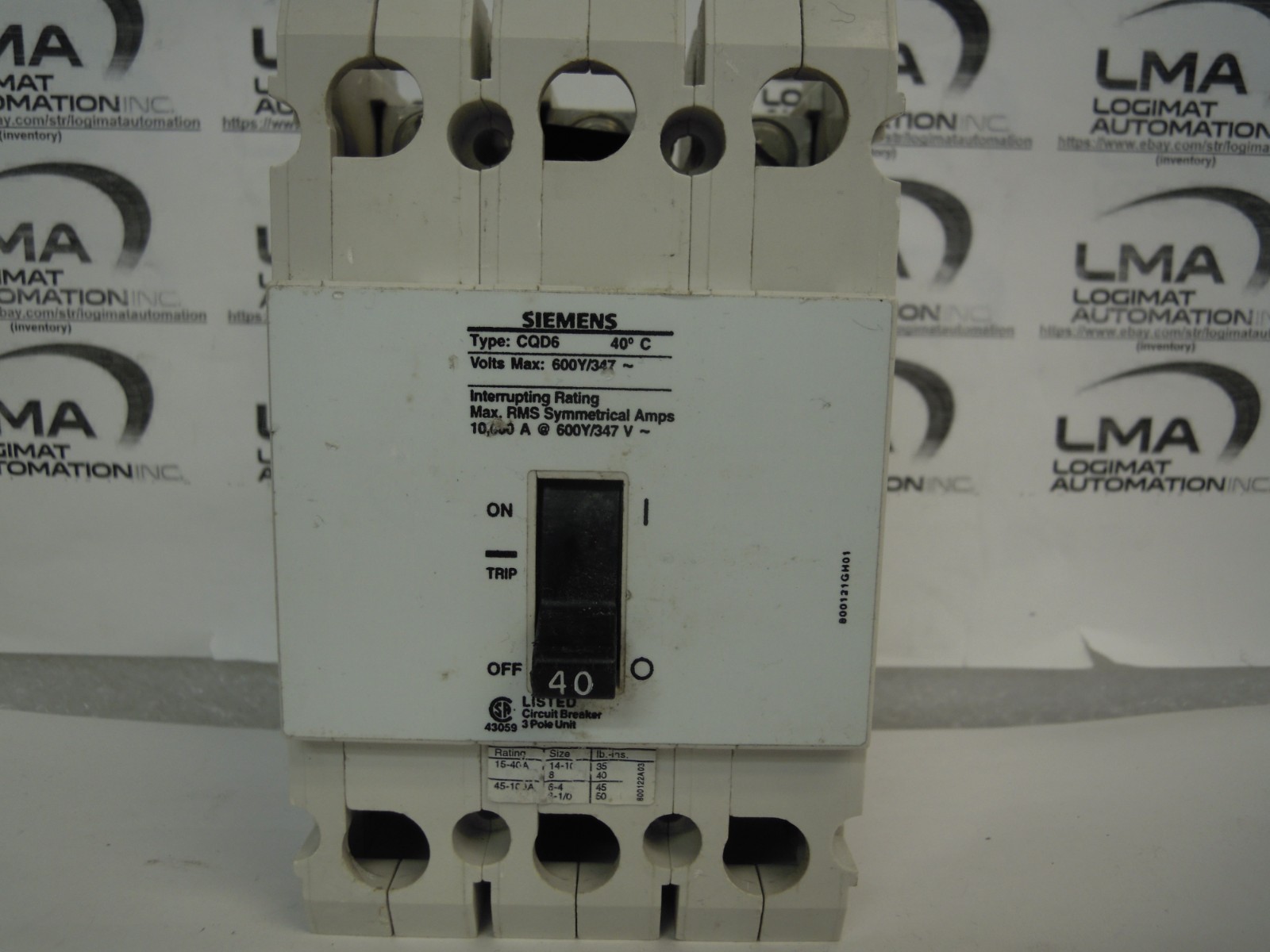 SIEMENS CQD6 CIRCUIT BREAKER 40A 3-POLE 600Y/347V CQD6340 MOLDED CASE