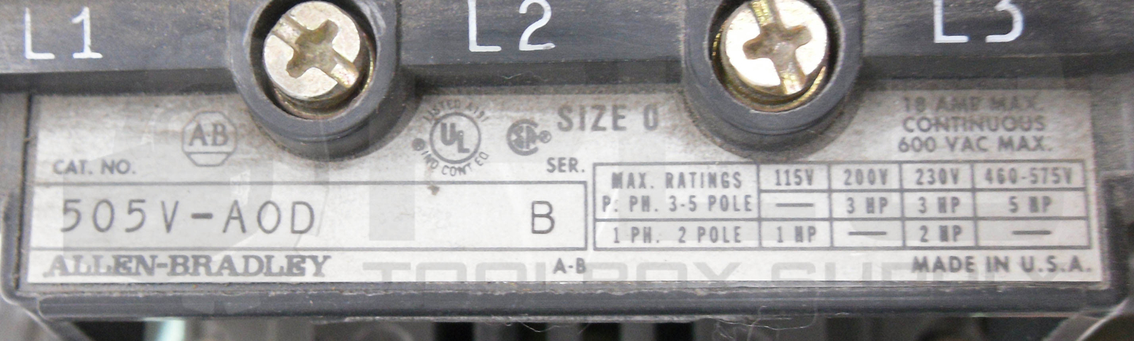 ALLEN BRADLEY 505V-A0D /B REVERSING STARTER SIZE 0 600VAC W/ CB236 COIL 505V-AOD