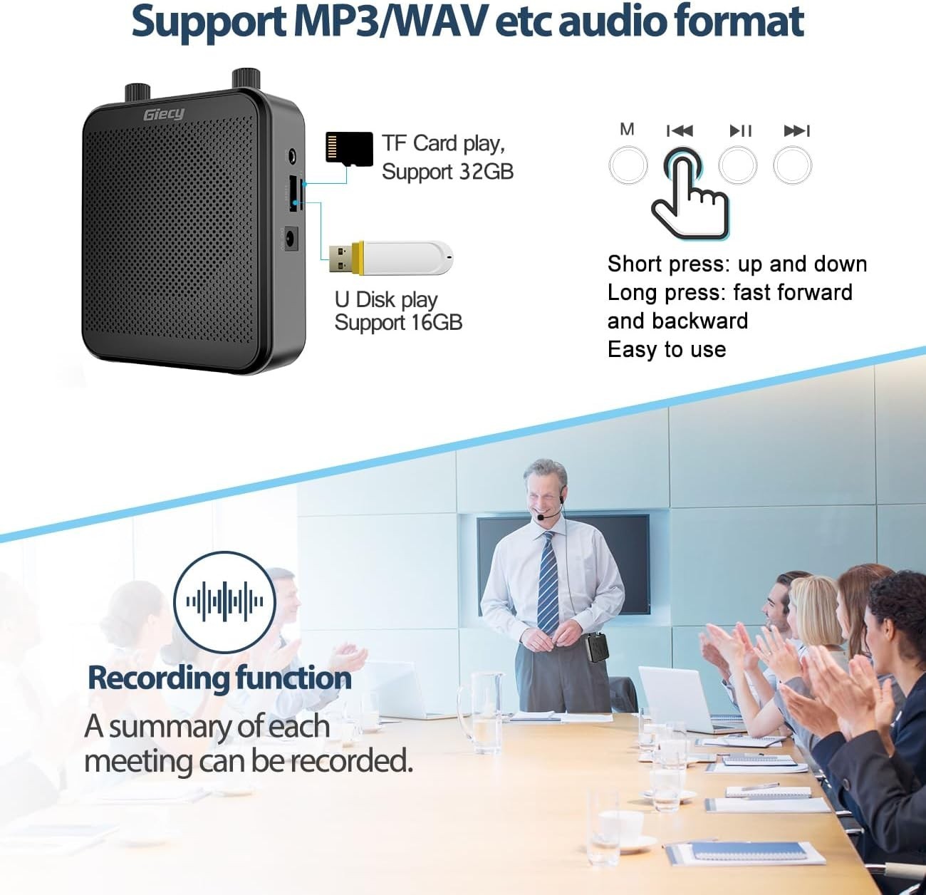 30W Portable Voice Amplifier with Wired Microphone Headset, 2800mAh Rechargeable