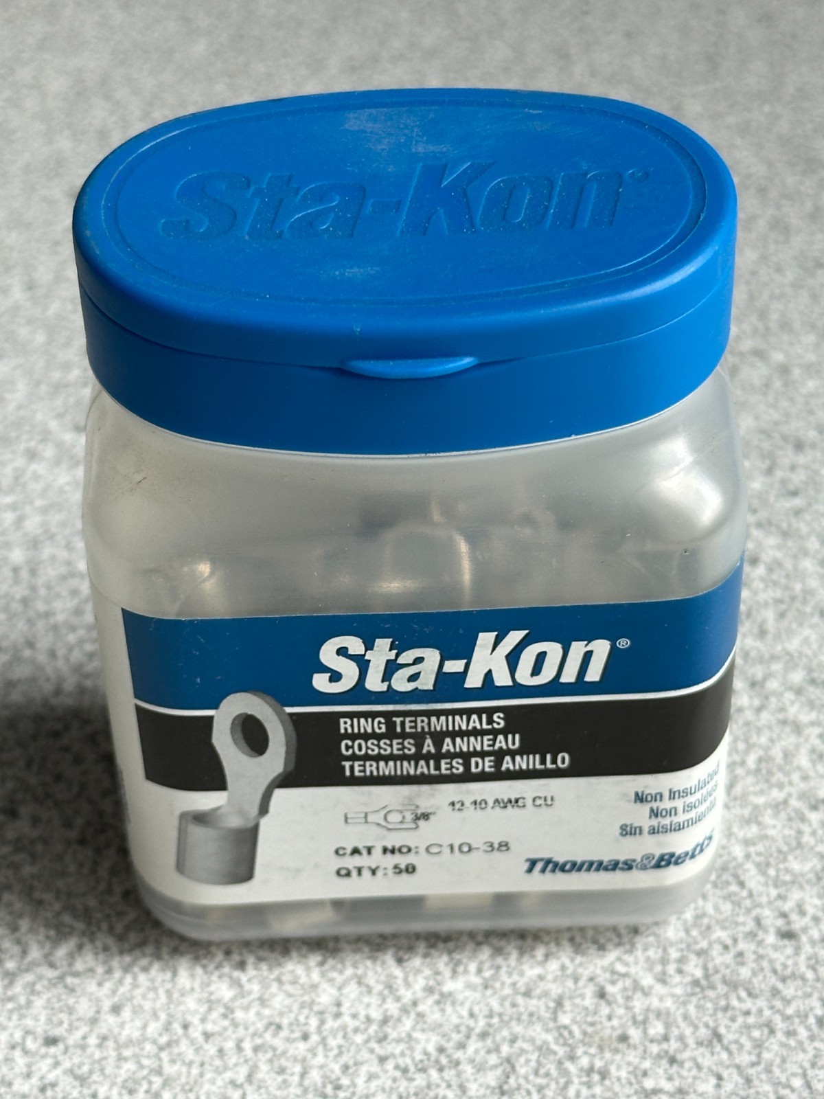NEW Pack of 50 T&B Sta-Kon C10-38 Ring Terminals, 3/8″ Inc Stud Size, 12-10 Awg