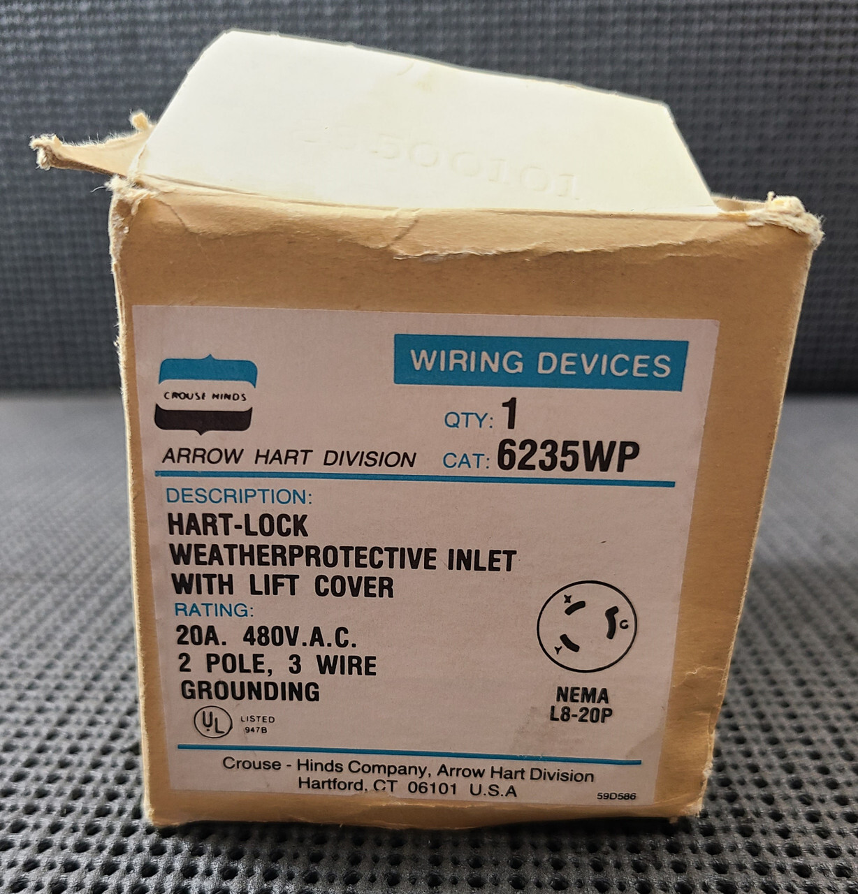 ARROW HART 6235WP 2P 3W 20A 480V WEATHERPROTECTIVE INLET WITH COVER