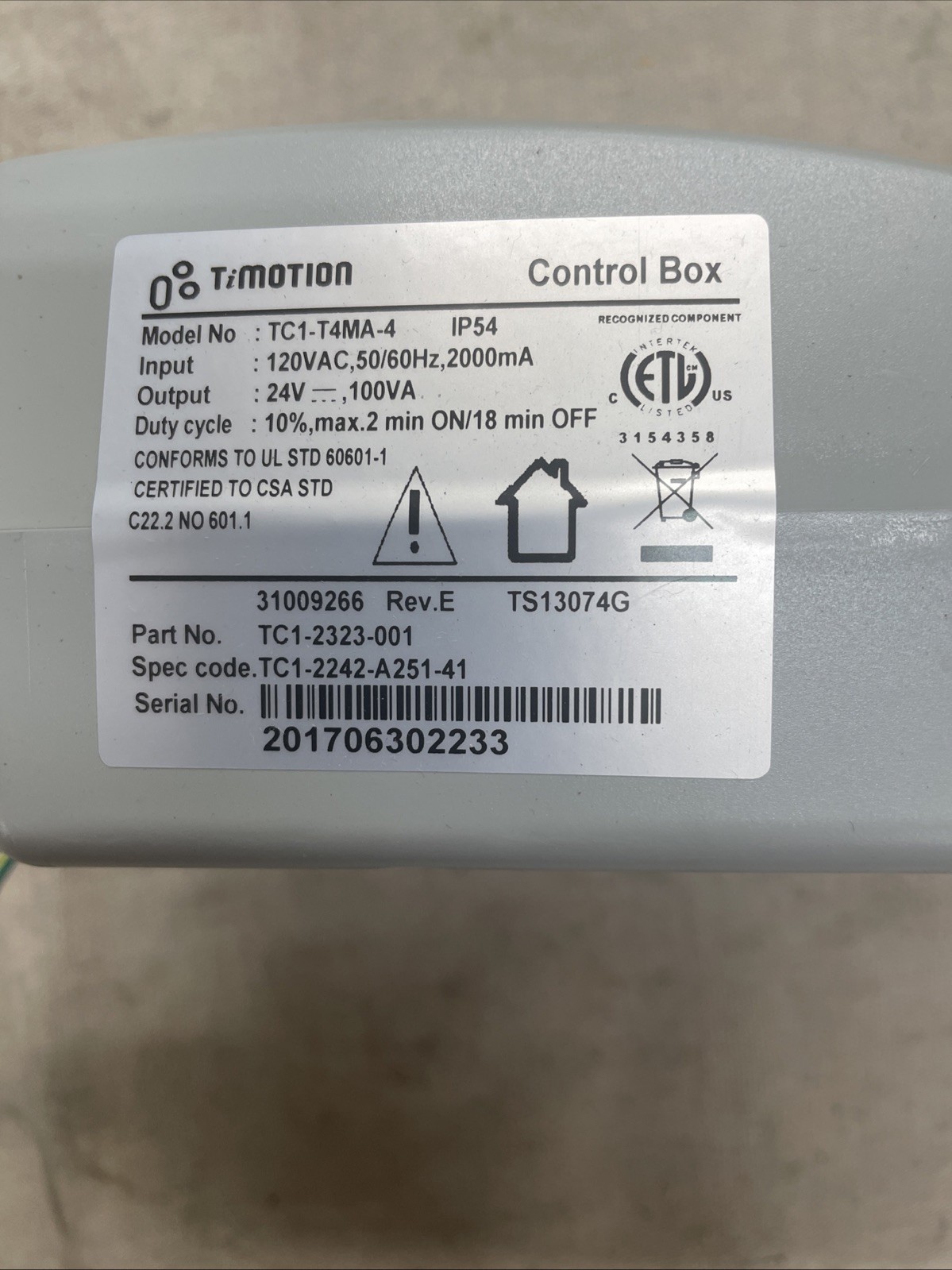 TiMotion TC1-T4MA-4 Control Box 120VAC 2000mA 24V—,100VA