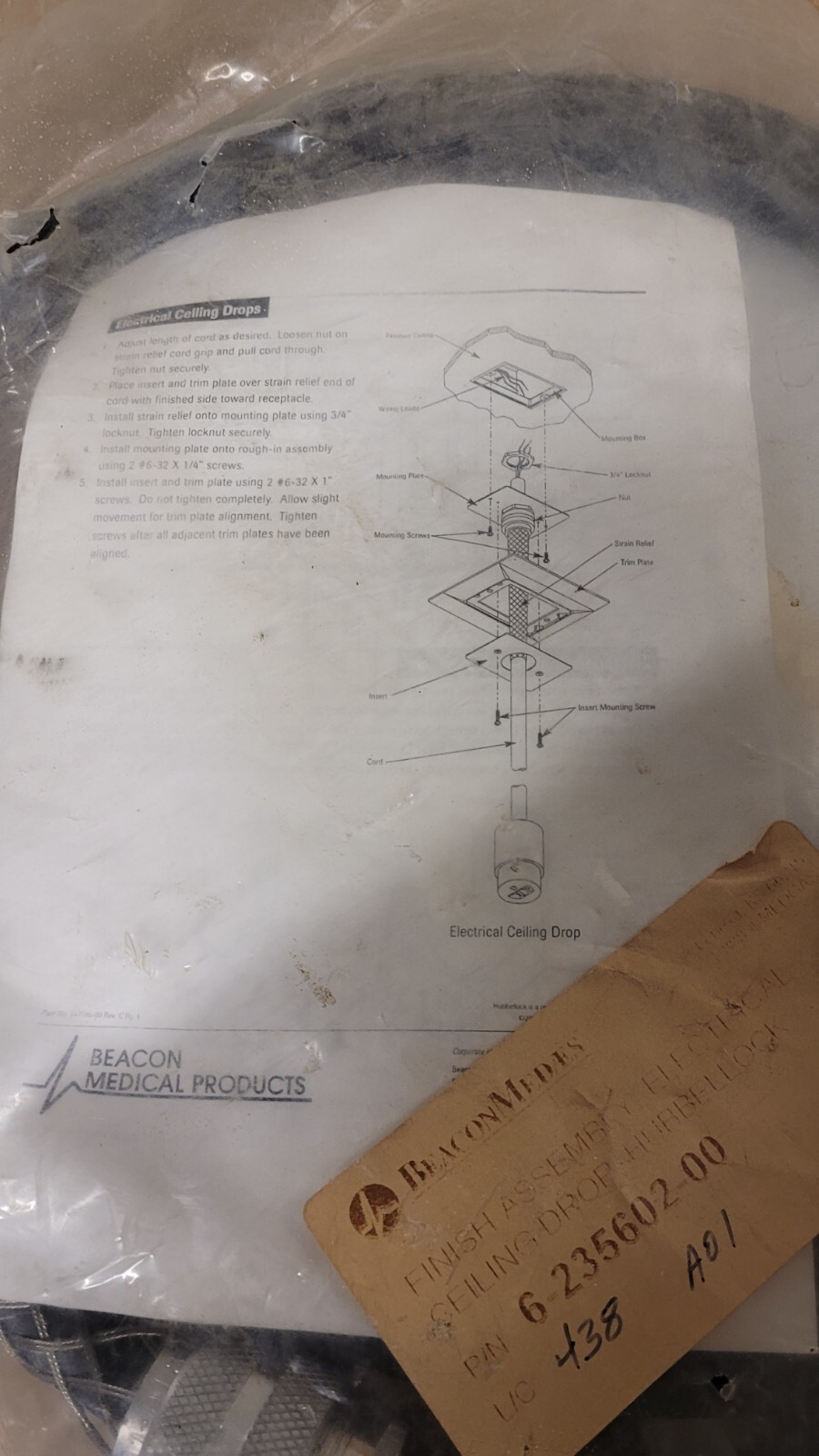 NOS Beacon MedAes 6-235602-00 Electrical Ceiling Drop Cable w/ Hubbellock U5-RW