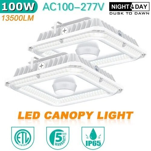2 PACK 100W LED Gas Station Canopy Light Fixture Dusk-to-Dawn 4.5K/5000K/5700K