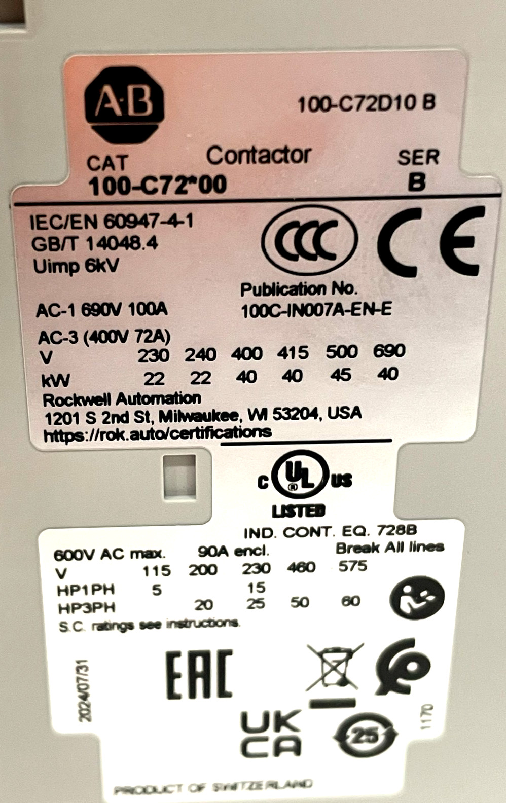 ALLEN BRADLEY 100-C72D10 CONTACTOR SER. B 100C72D10 NEW, SURPLUS