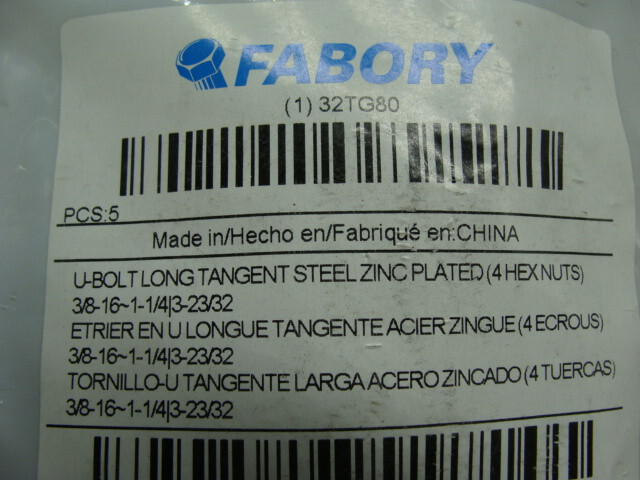 LOT OF 23 PKGS OF 5 FABORY U-BOLT LONG TANGENT ZINC PLATED 3/8-16~1-1/4|3-23/32