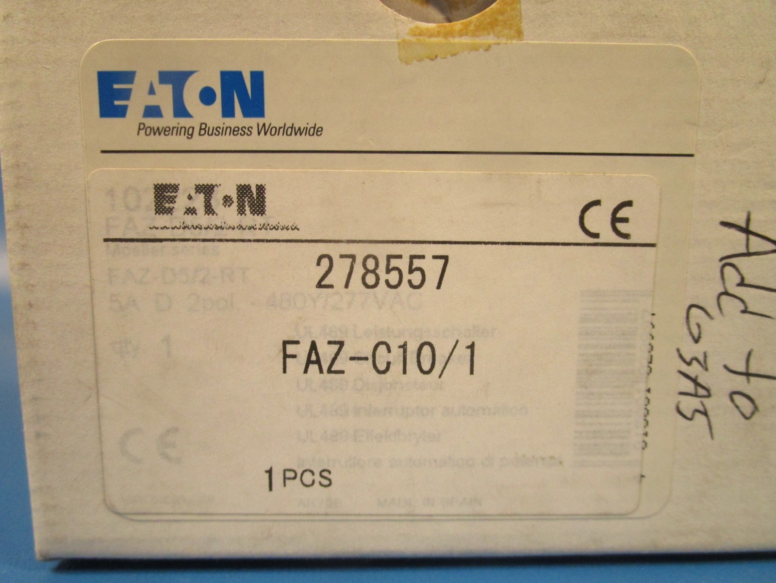 EATON FAZ-C10/1, Industrial Miniature Circuit Breaker, 10 A, 1 Pole, 277 V