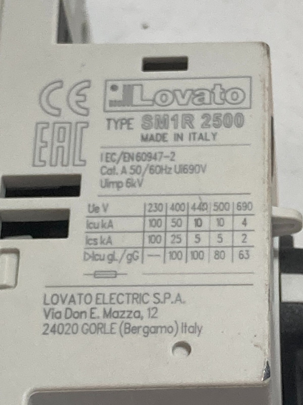 LOVATO SM1R2500 CIRCUIT BREAKER MOTOR PROTECTION 20-25A 230/690VAC NNB