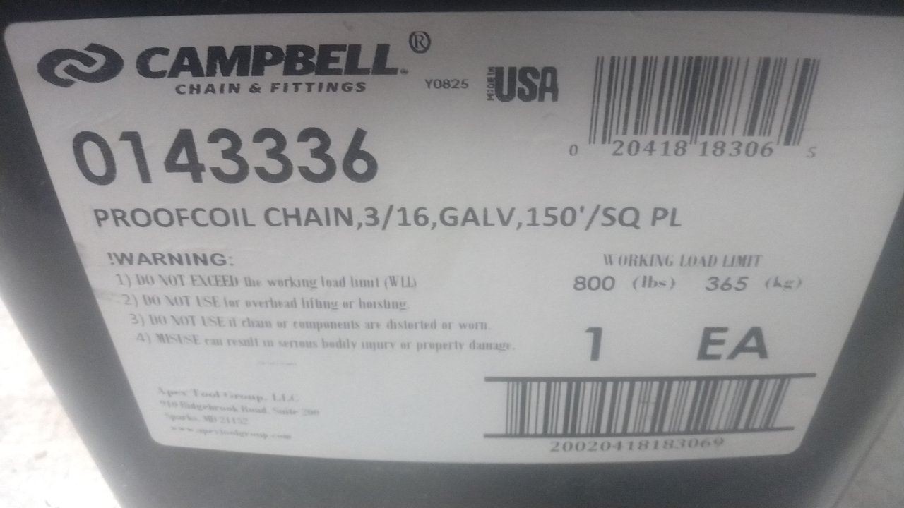 Campbell T0143336 3/16 In Trade Size 150 Ft Length 30 Grade Straight Chain
