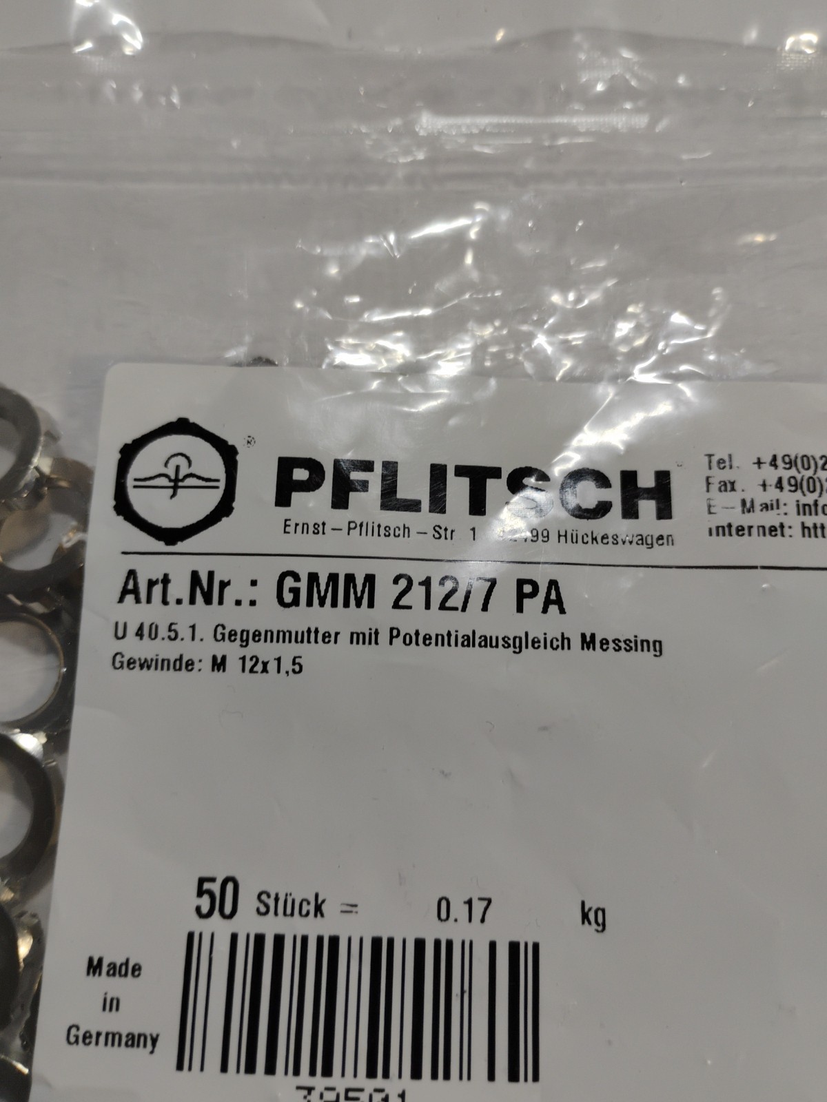PFLITSCH M12 x 1.5 Lock Nut Art. Nr. GMM 212/7 PA , 50 Pack, EN 60423 Compliant