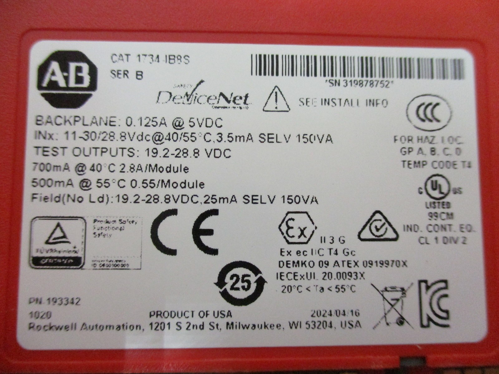 Allen Bradley 1734-IB8S Input Module 1734-1B8S Mounted, Ser.B