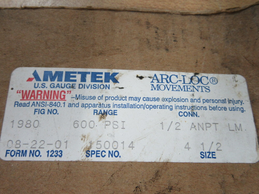 Ametek 1980 USG Gauge Range: 600 PSI