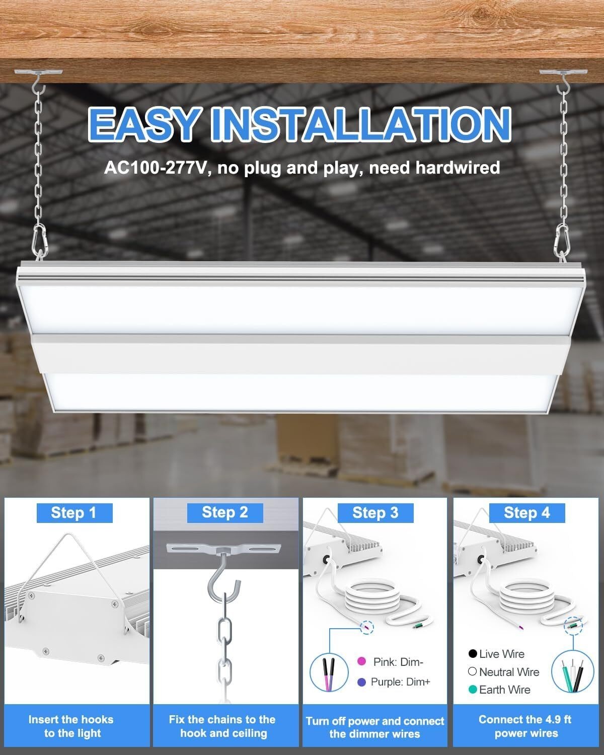 LED Linear High Bay 240W 5000K 100-277 VAC White 0-10V Dimmable 36000LM UL DLC