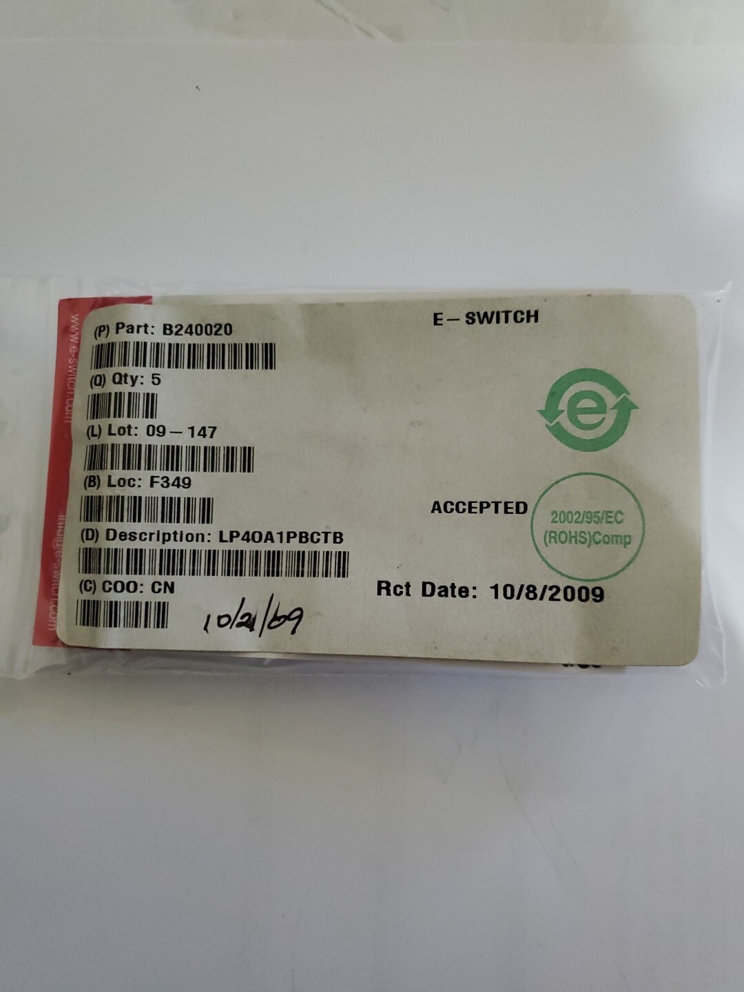 E-SWITCH/Lamb Industries B240020 LP40A1PBCTB E Switch Pk/5