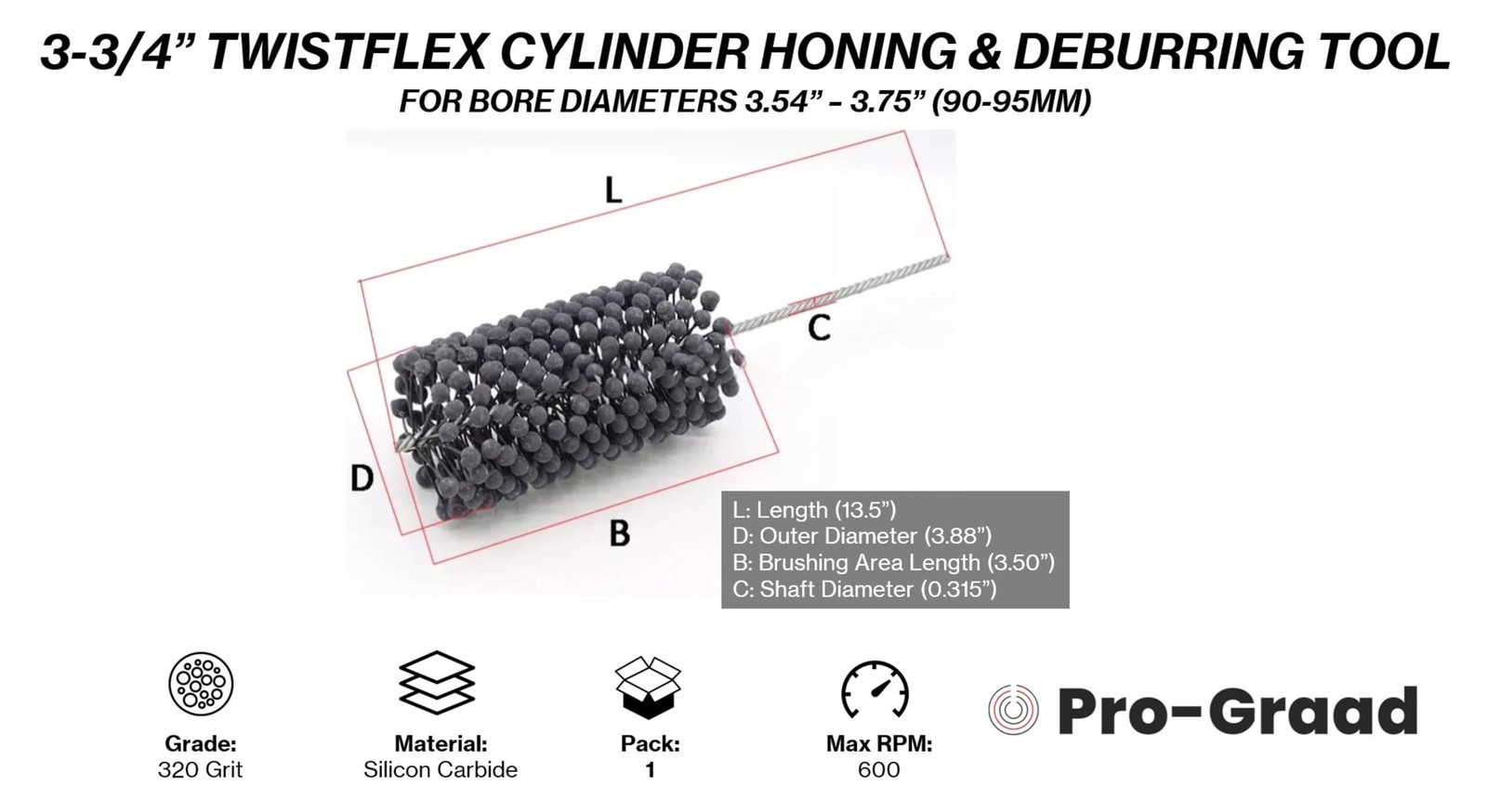TwistFlex 3-3/4” 95mm 320 Grit Silicon Carbide Cylinder Hone 90-95mm, Bores…