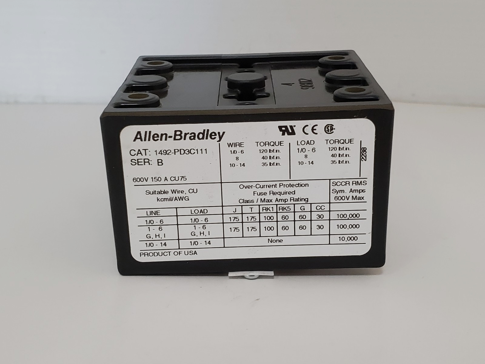ALLEN BRADLEY 1492-PD3C111 POWER DISTRIBUTION BLOCK 3 POLE 600V 150A SER B NIB