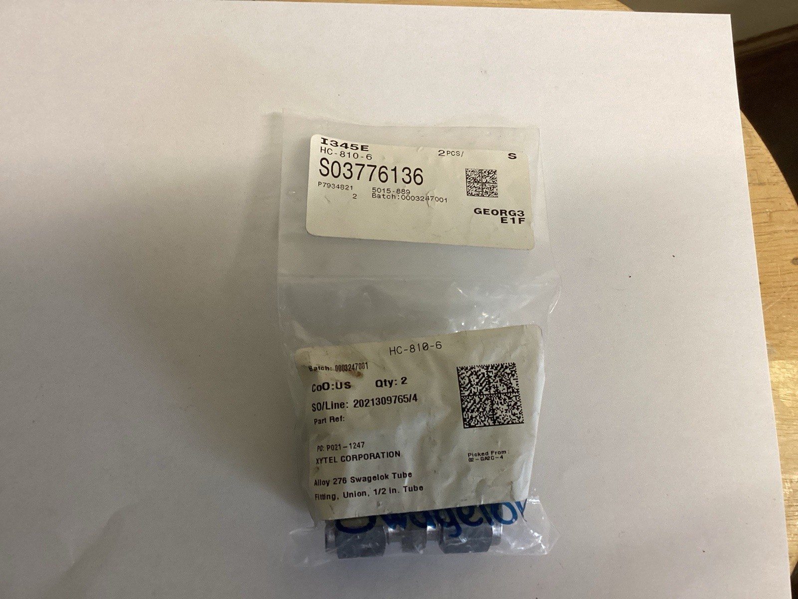Alloy C-276 Swagelok HC-810-6. 1/2” Union. 1 Pack Of 2 Fittings.