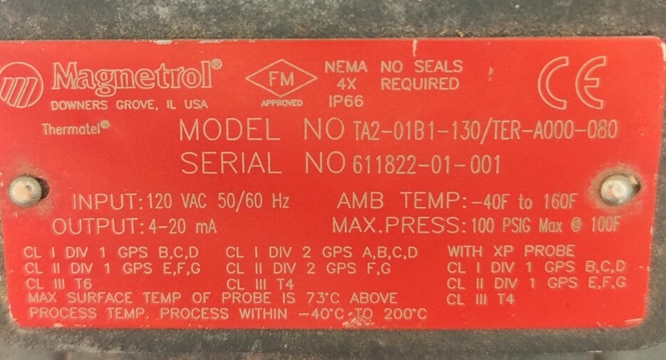MAGNETROL TA2-01B1-130/TER-A000-080 THERMATEL TA2 MASS FLOW Transmitter