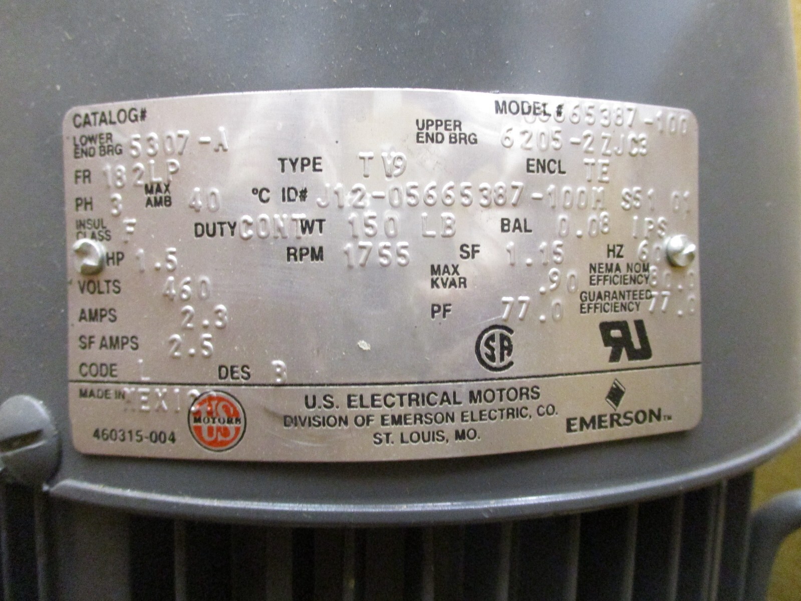 US Electrical Motors 05665387-100 Vertical Motor FR 182LP 3 Phase 1.5HP A4613AES