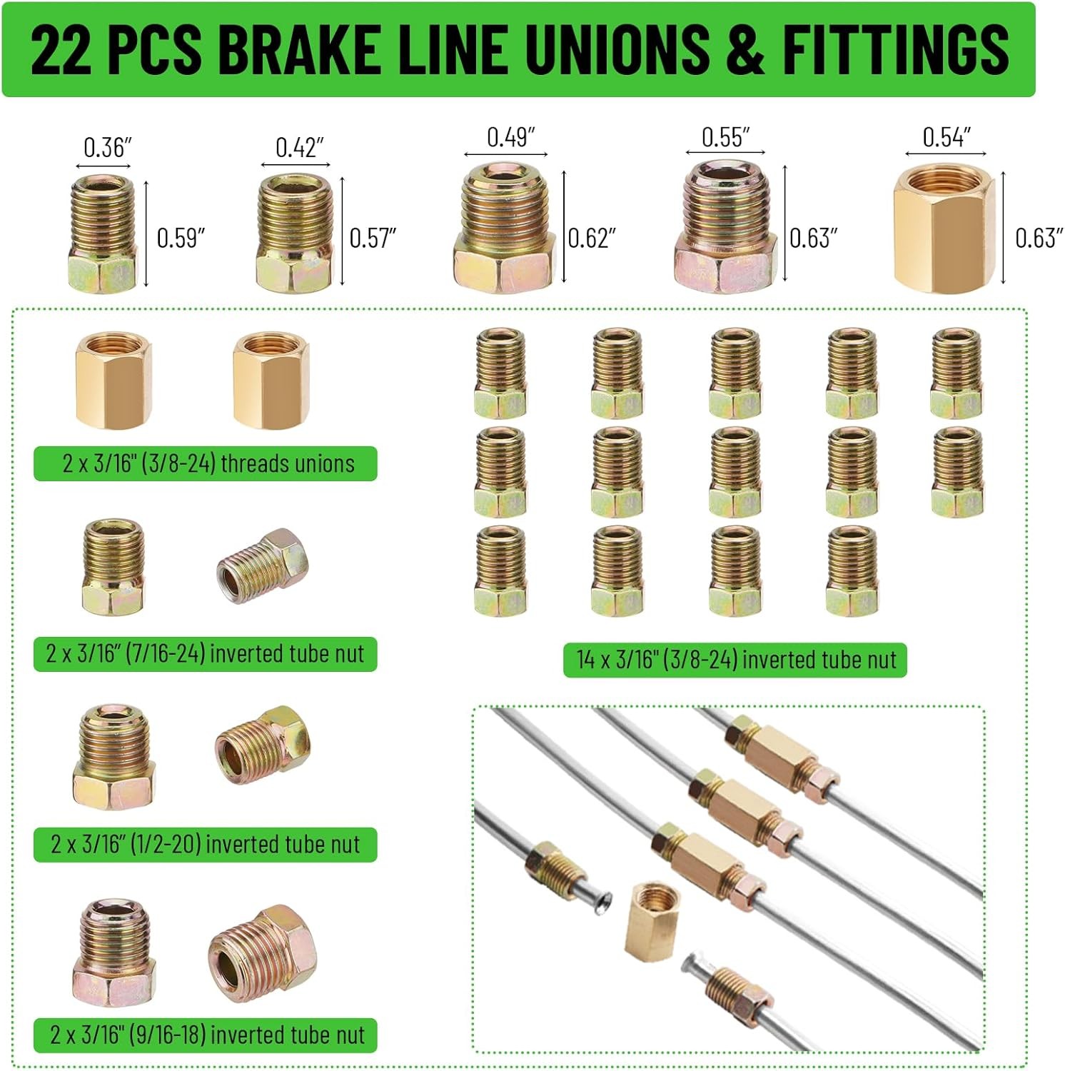 25Ft 3/16″ Zinc-Coated Brake Line Kit (Include 16 Fittings, 2 Unions and 4 Nuts)