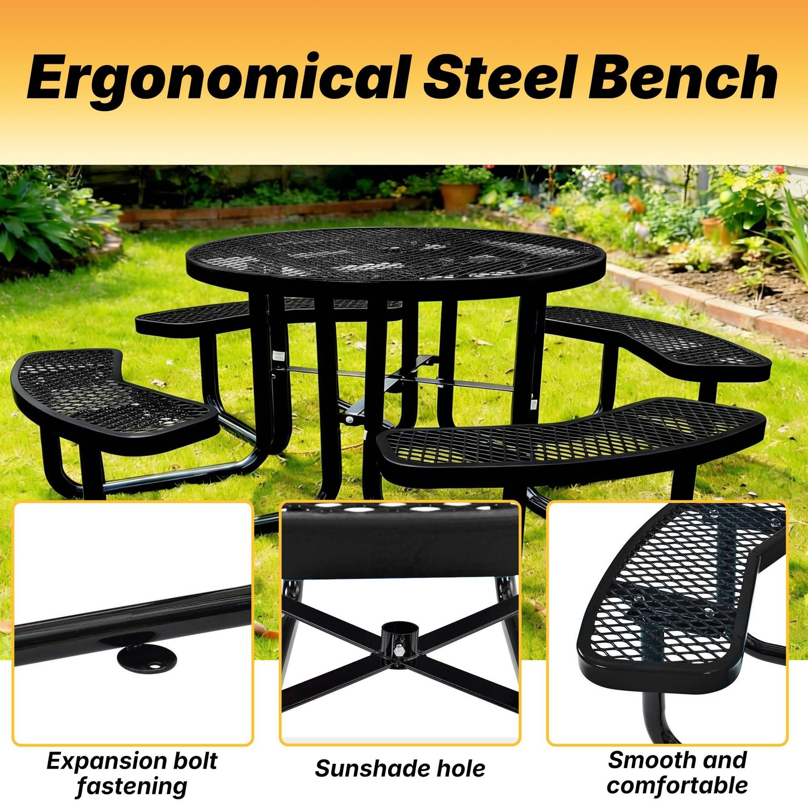 LAUCO 46-Inch Round Metal Picnic Table with Attached Benches, Black 1000 lb