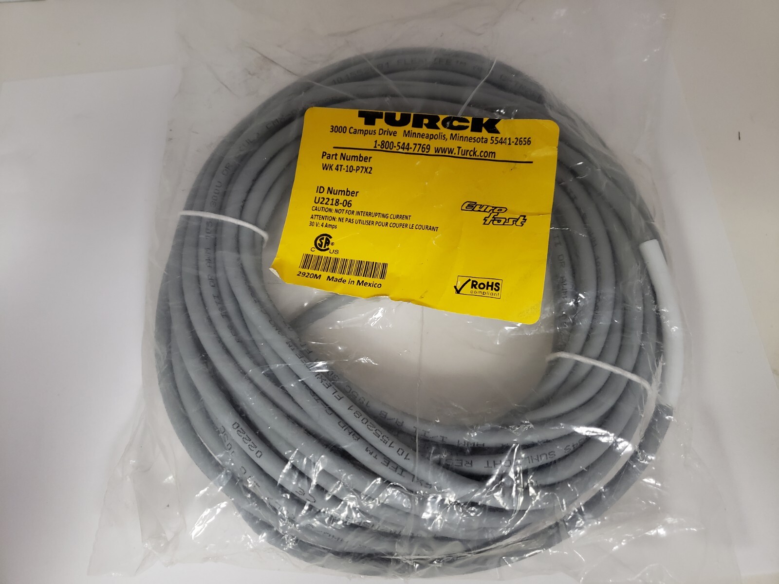 TURCK WK4T-10-P7X2 CORDSET M12 EUROFAST FEMALE CONNECTOR (U2218-06) NIB