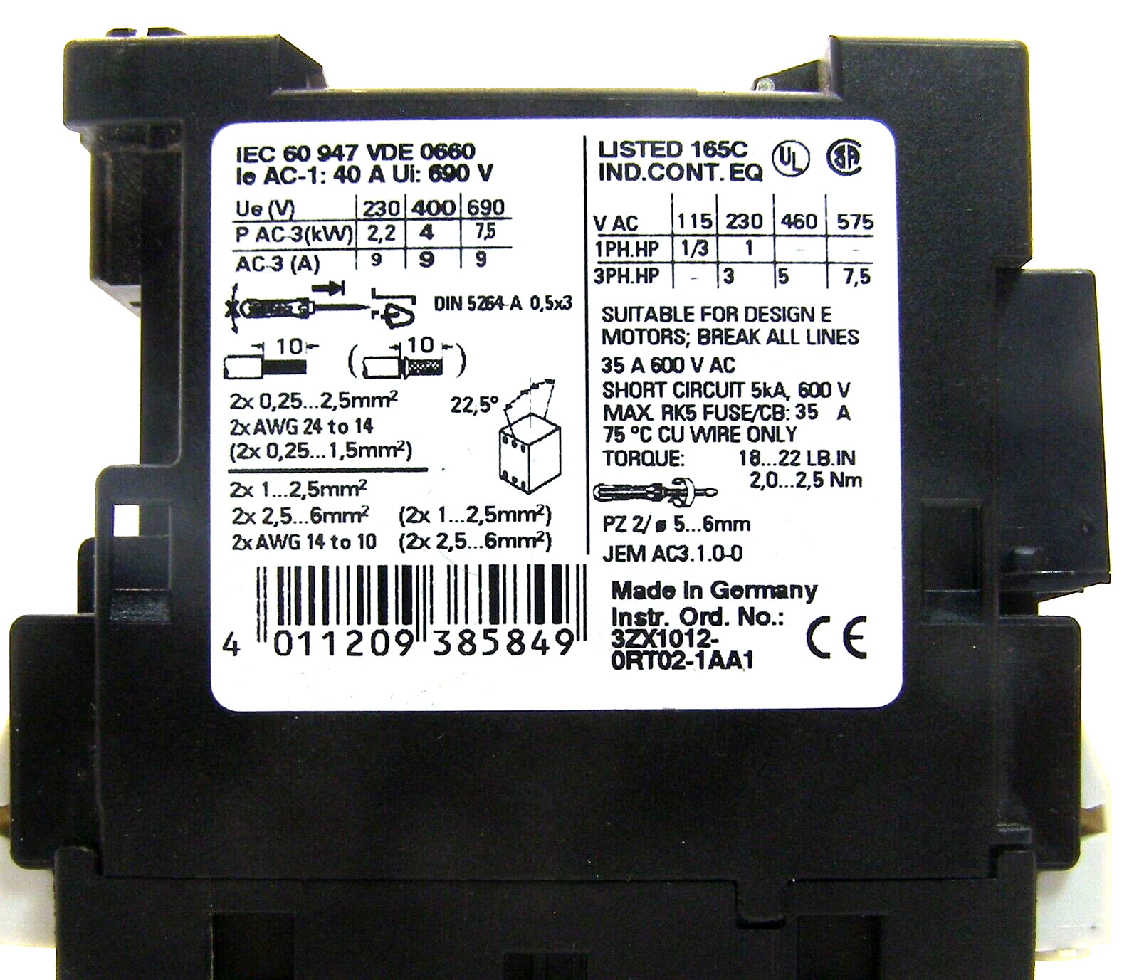 Siemens Contactor 3RT1023-1BB40 AC-3:4kw 400V