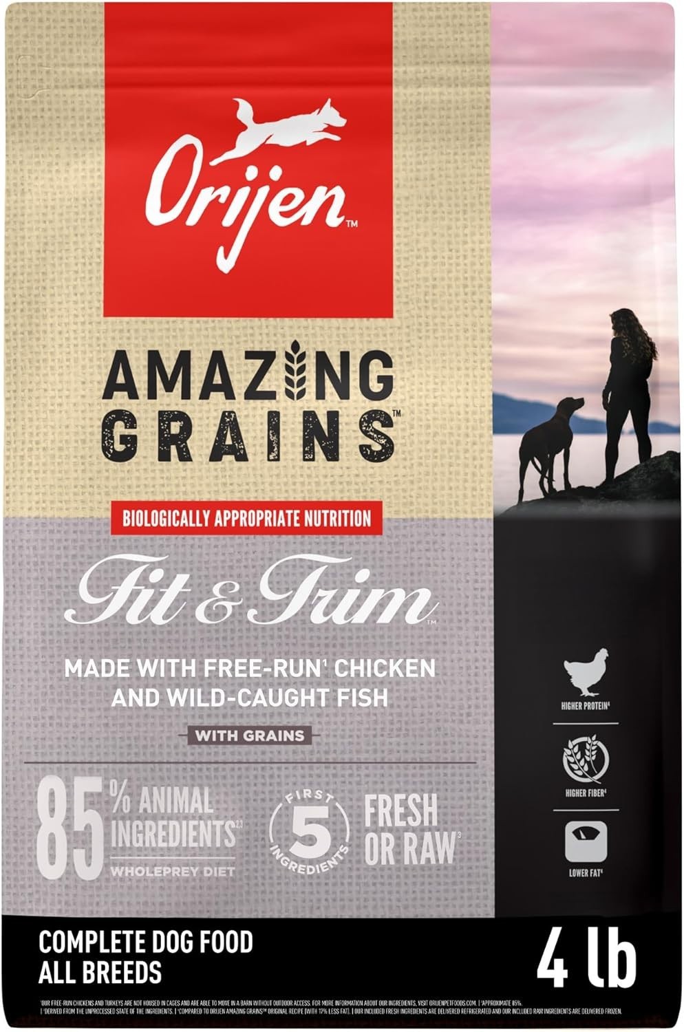 ORIJEN Amazing Grains High Protein Dry Dog Food Fit & Trim Recipe 4lb Bag