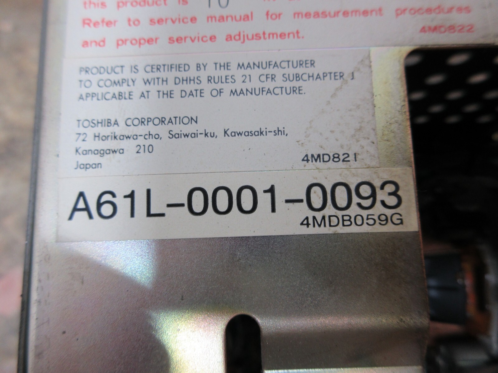 TOSHIBA MONITOR DISPLAY D9MM-11A A61L-0001-0093 4MDB059G WARRANTY