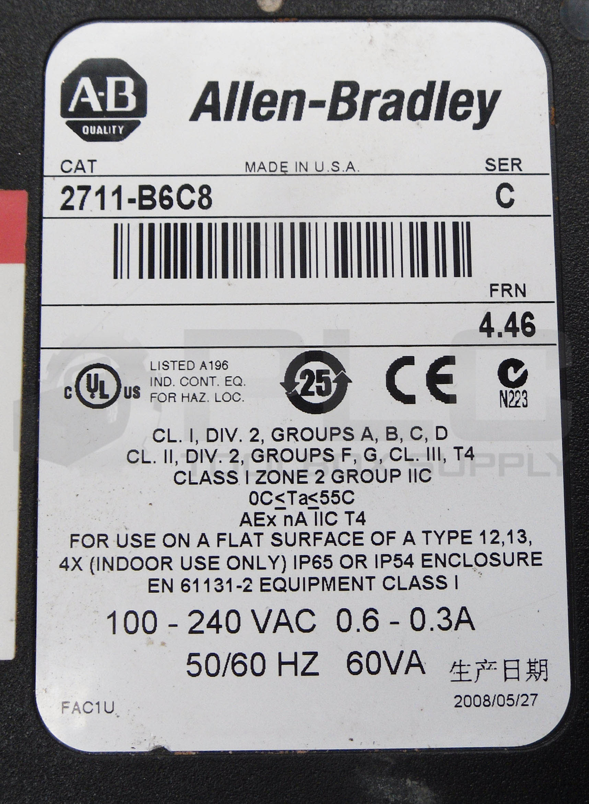ALLEN BRADLEY 2711-B6C8 /C PANELVIEW 600 100-240VAC 0.6-0.3A 50/60HZ 5-1/2″