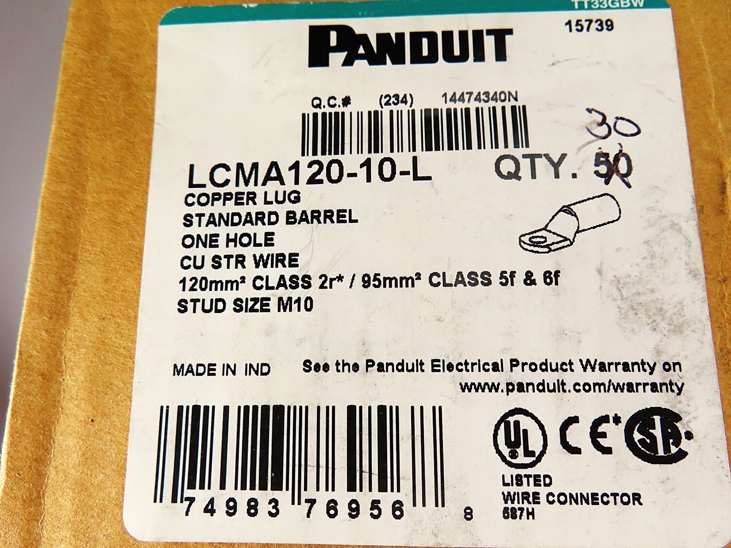 Panduit LCMA120-10 One Hole Copper Lug 120mm2 M10 Stud Size NEW