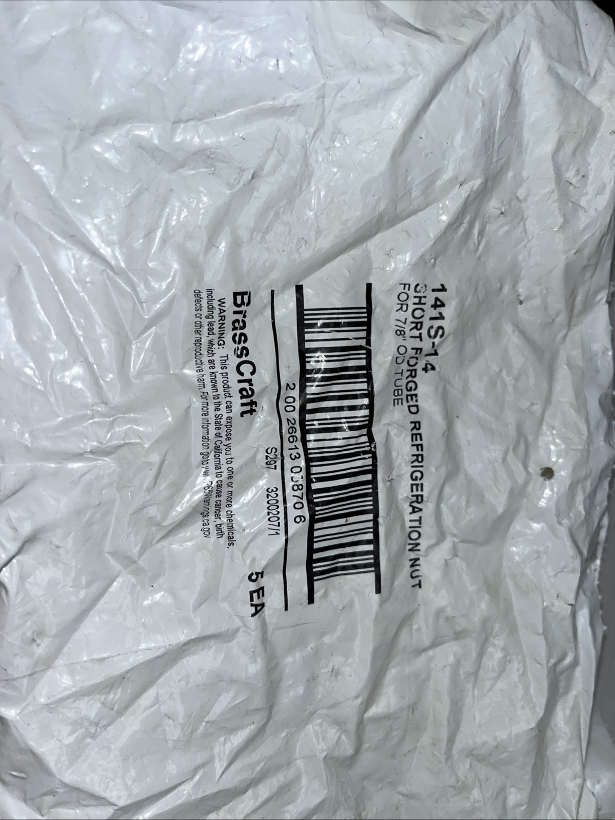 5 QTY! BULK- BrassCraft 141S-14 Brass Short Refrigeration Tube Nut 7/8” Flare