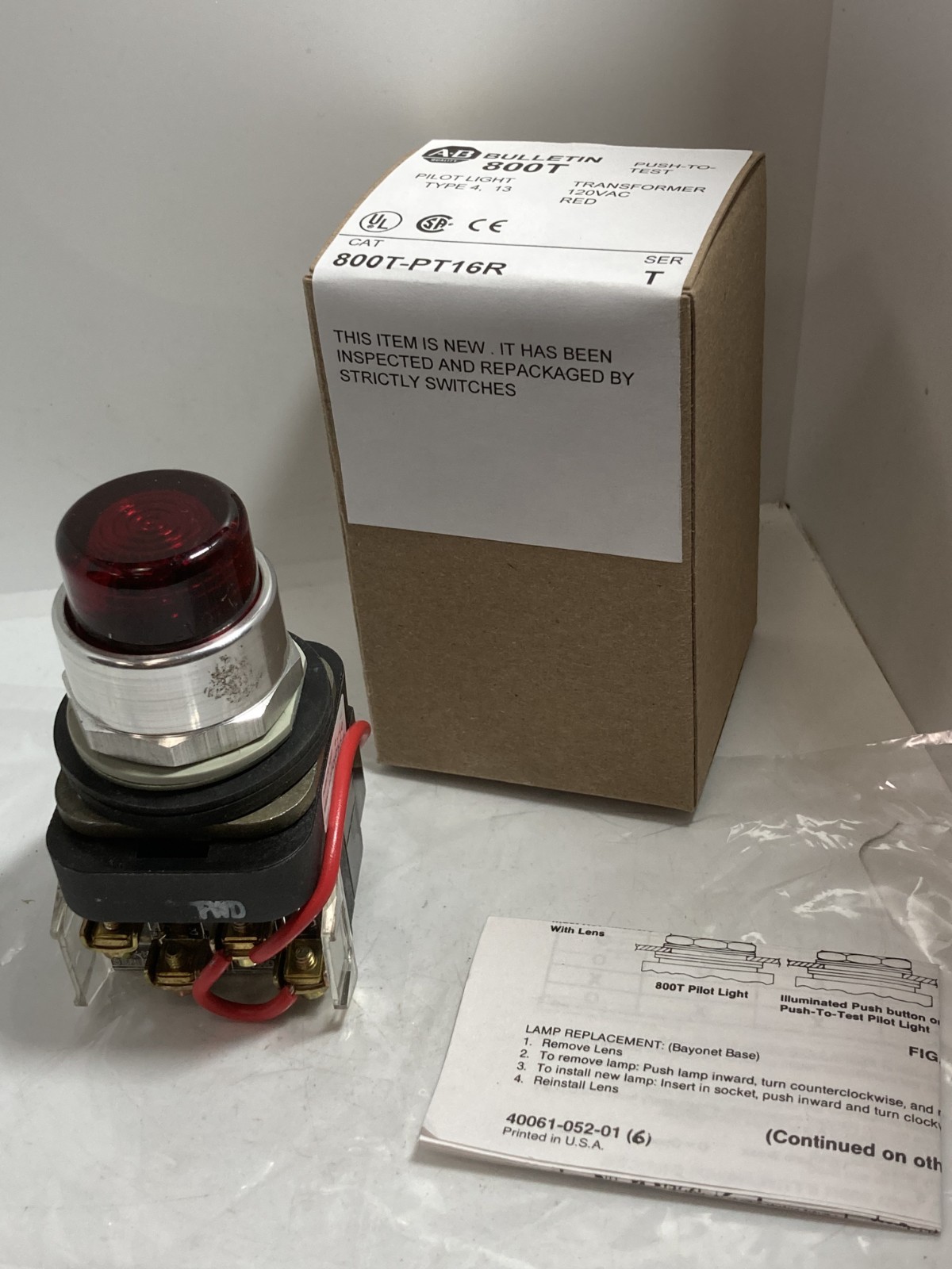 ALLEN BRADLEY 800T-PT16R PUSH TO TEST 120V XFMR RED 1NO/1NC SERIES T NIB