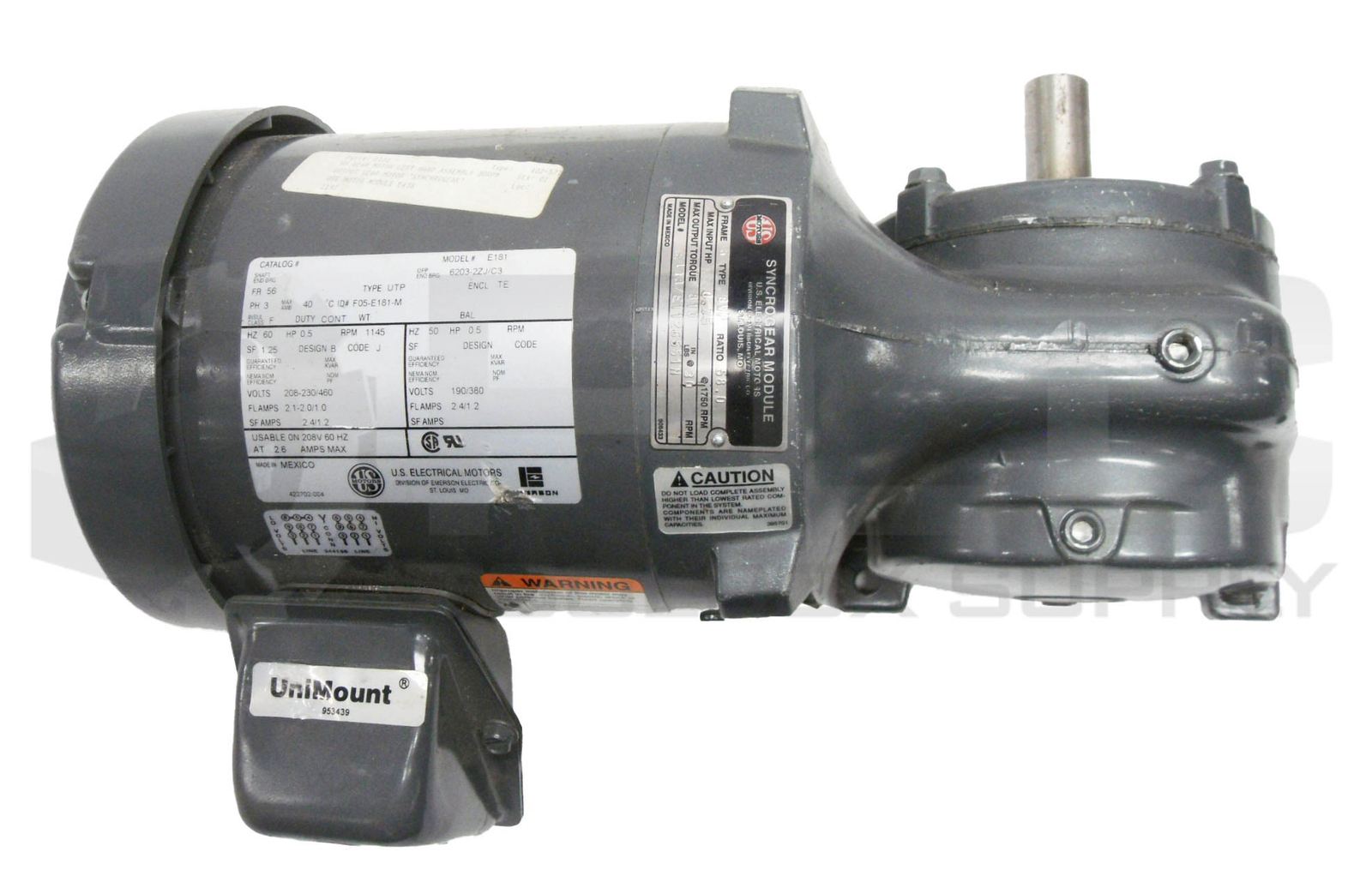 NEW US MOTORS E438 SYNCROGEAR MODULE RATIO: 58.0, E181 MOTOR 1/2HP 1145PM FR: 56
