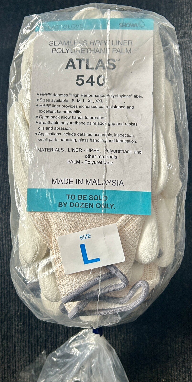 Atlas 540 Gloves, 12-Pack, Size Large, HPPE Polyurethane Cut-Resistant, Work..