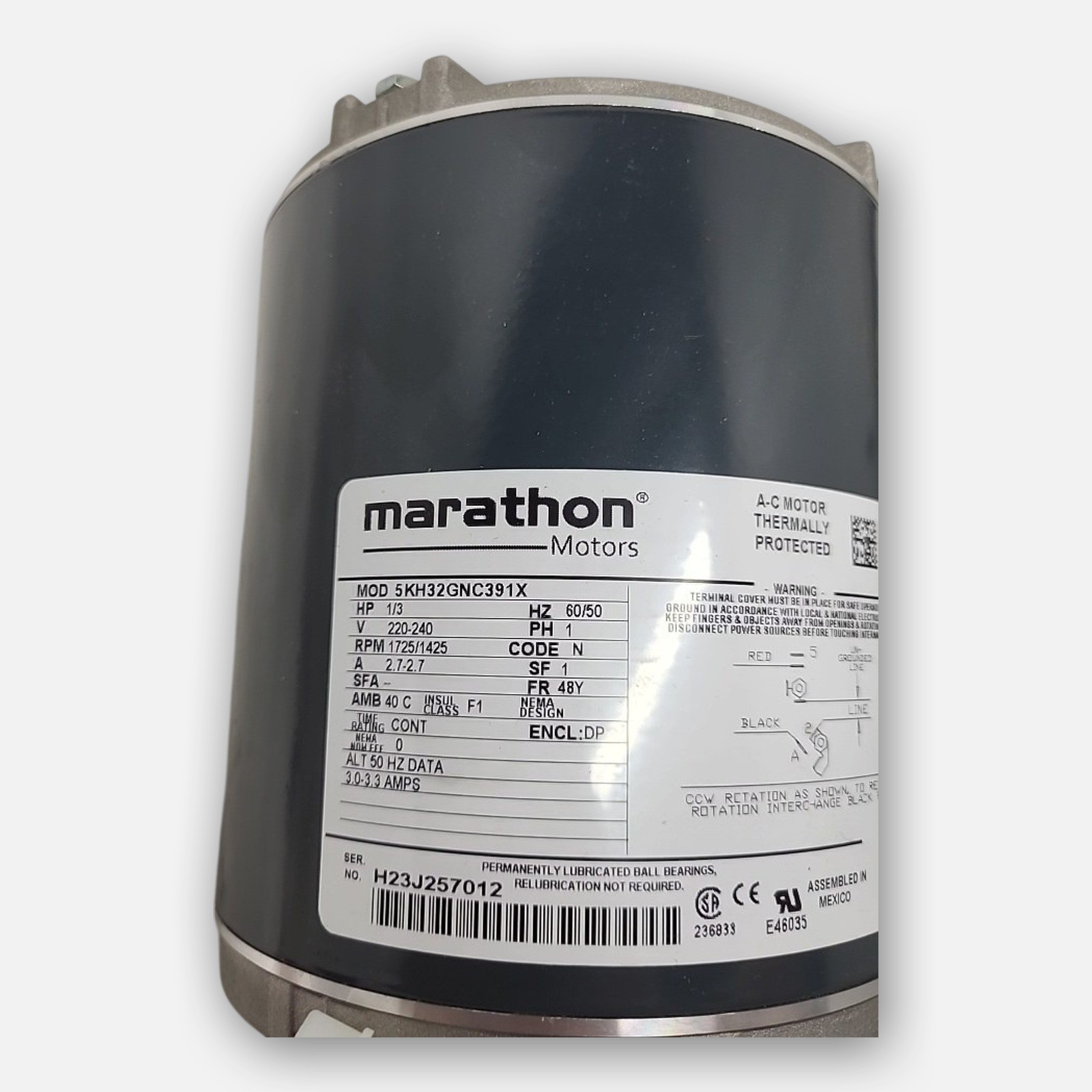 NEW MARATHON 5KH32GNC391X A-C MOTOR 1/3HP, 1PH, 50/60HZ, 1725/1425RPM, 220-240V