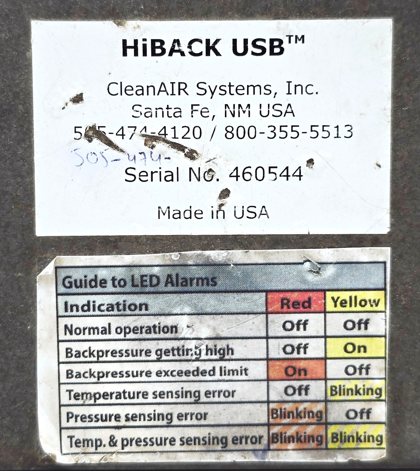 460544 HIBACK USB CLEANAIR SYSTEMS 505-474-4120