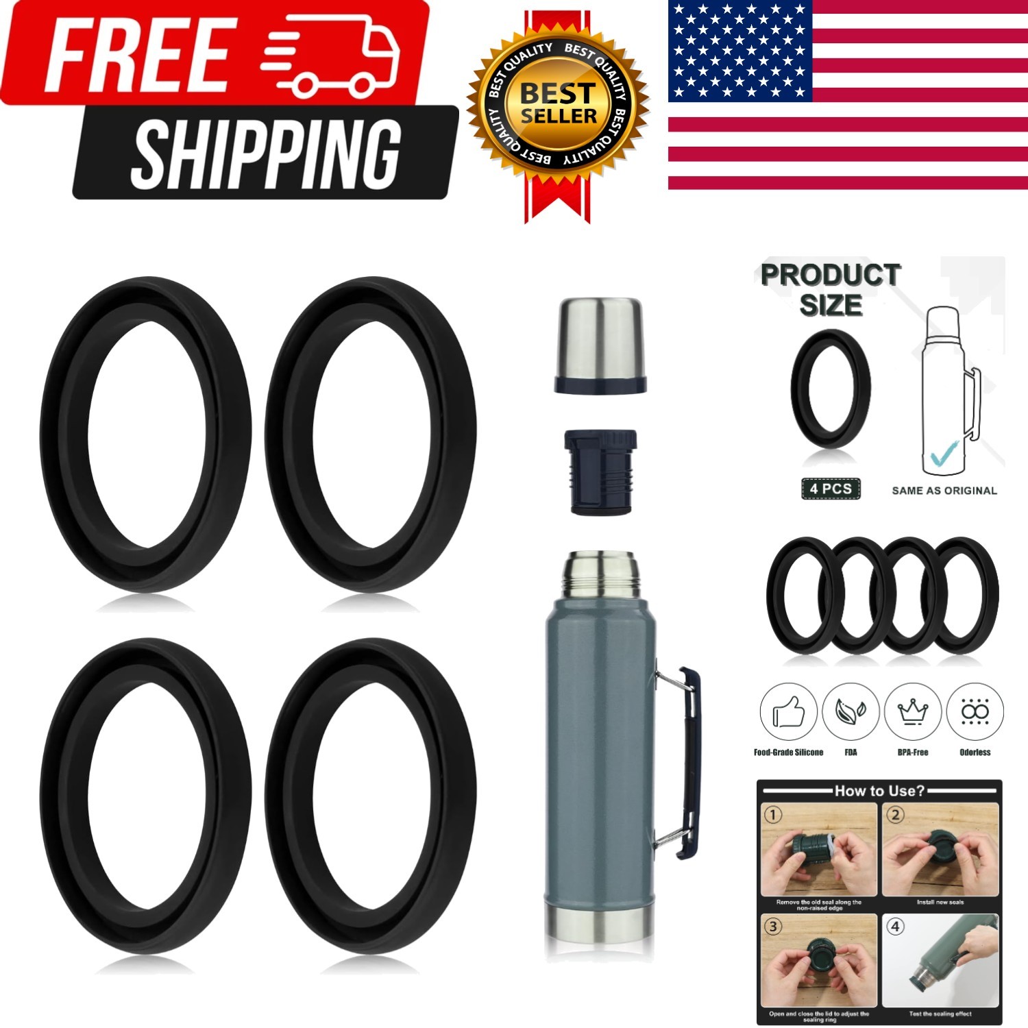 4pcs Silicone Replacement Gaskets Classic for Stanley, Silicone Seal Gasket for